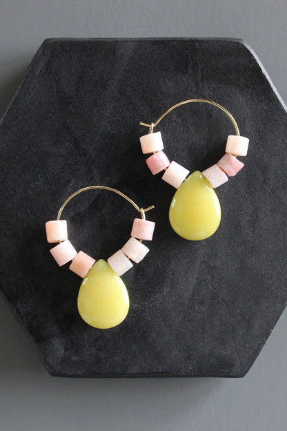 MLNE10 Rhodochrosite and jade hoop earrings