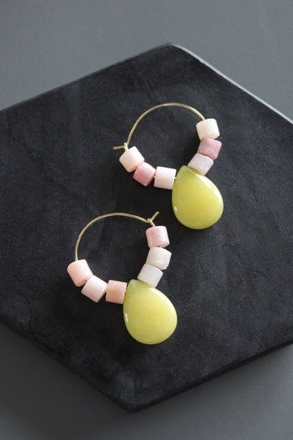 MLNE10 Rhodochrosite and jade hoop earrings