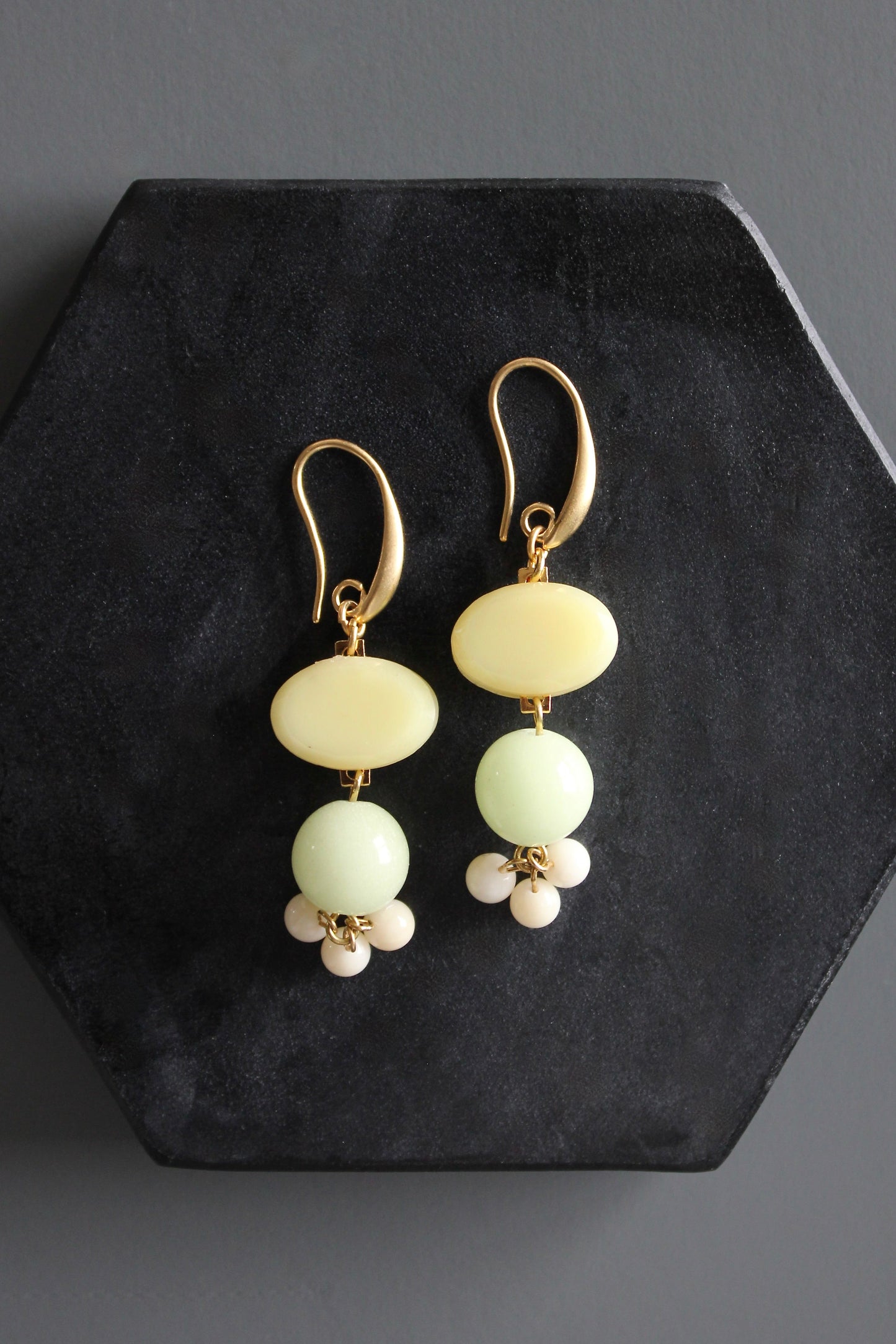 MLNE20 Vintage opal jonquil and celadon glass earrings