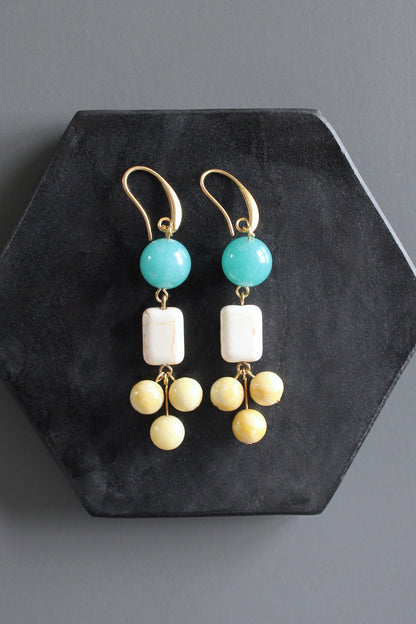 MLNE41 Amazonite and lemon jade cluster earrings