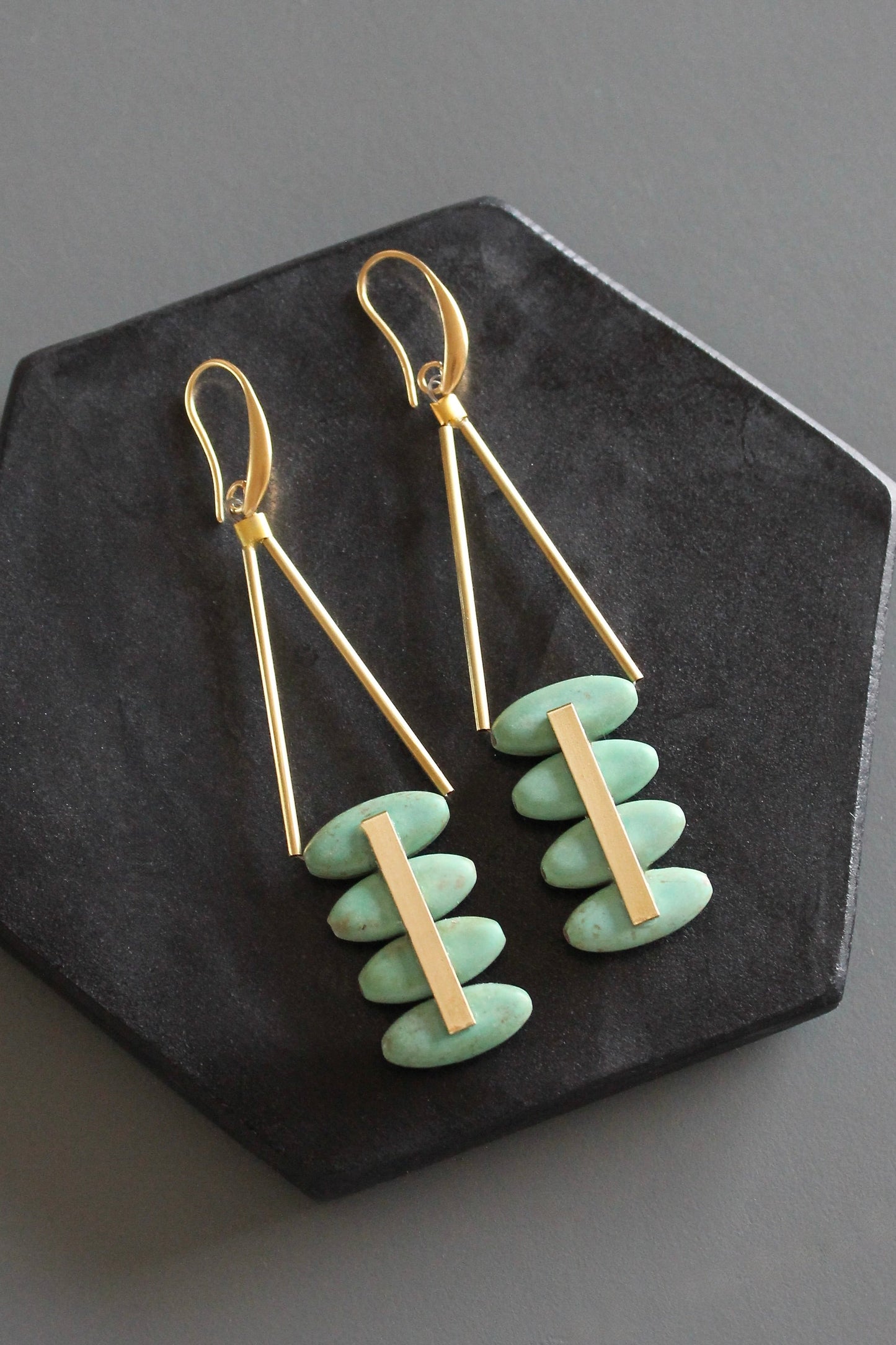 MLNE51 Turquoise and brass Artdeco earrings