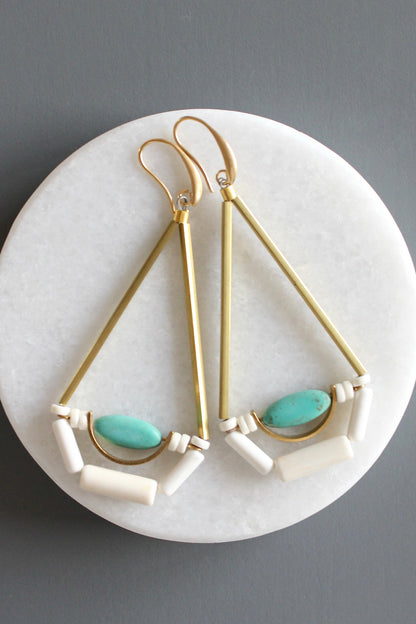 MLNE55 Turquoise and brass geometric earrings